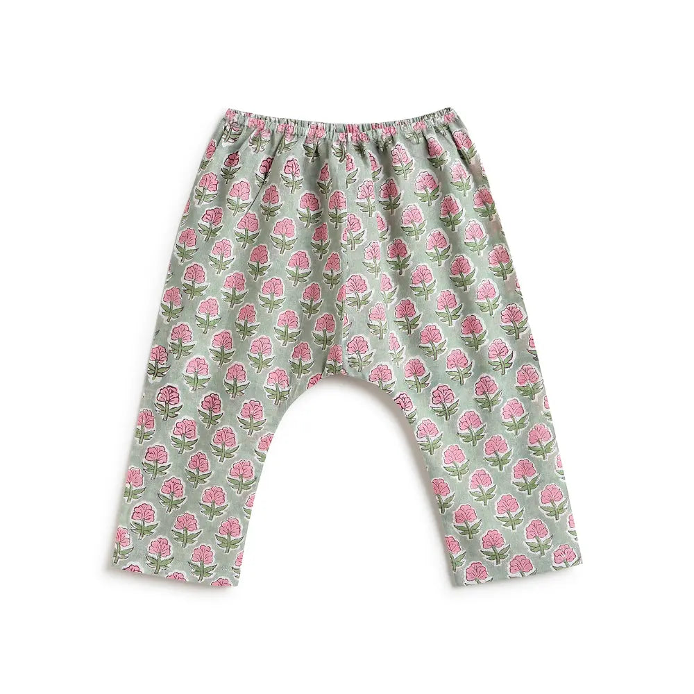 Tiber Taber 100% Cotton Woven Half Sleeves Block Print  Jhabla Set - Green