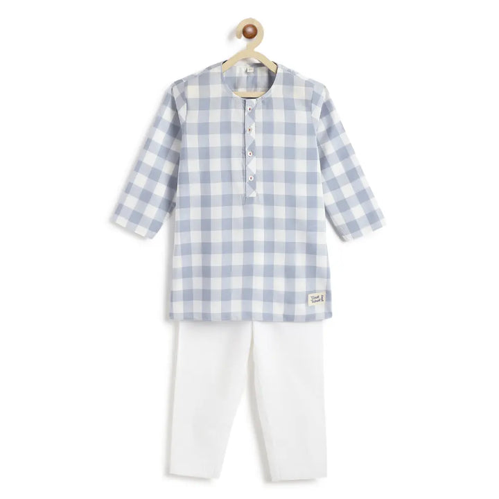 Tiber Taber 100% Cotton Woven Full Sleeves Checkered Kurta Pyjama Set - Blue