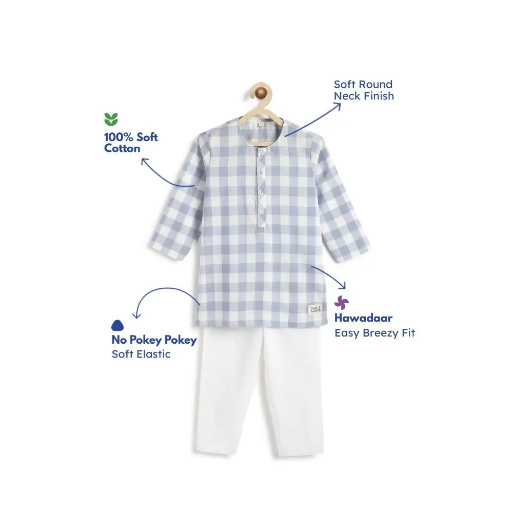 Tiber Taber 100% Cotton Woven Full Sleeves Checkered Kurta Pyjama Set - Blue