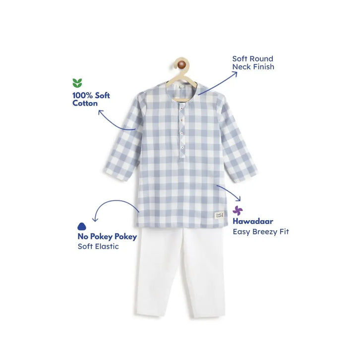 Tiber Taber 100% Cotton Woven Full Sleeves Checkered Kurta Pyjama Set - Blue