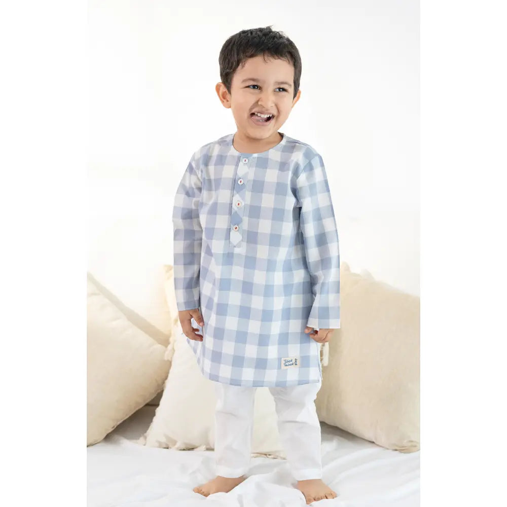 Tiber Taber 100% Cotton Woven Full Sleeves Checkered Kurta Pyjama Set - Blue