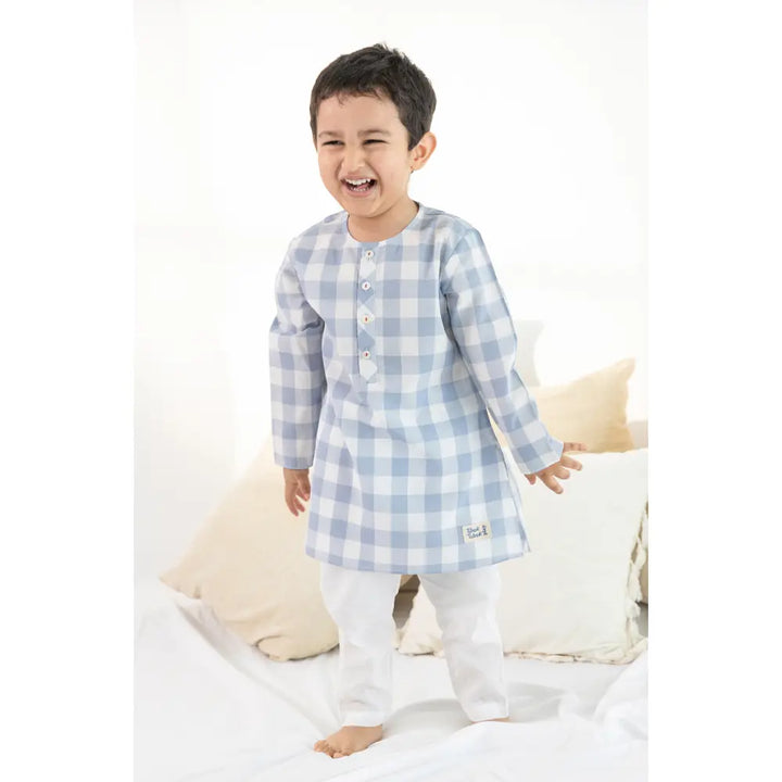 Tiber Taber 100% Cotton Woven Full Sleeves Checkered Kurta Pyjama Set - Blue