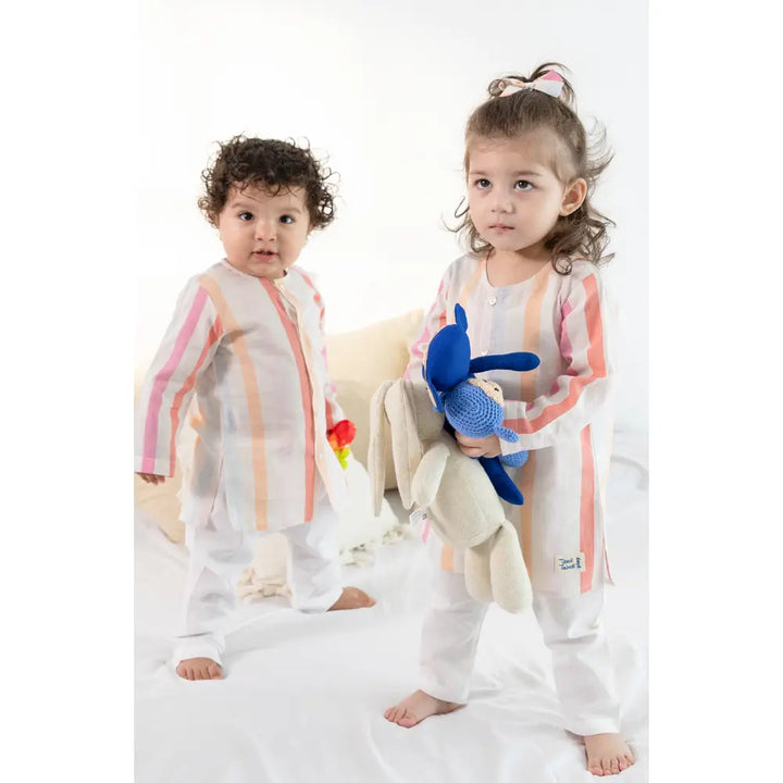 Tiber Taber 100% Cotton Full Sleeves Striped Kurta Pyjama Set - Multicolor