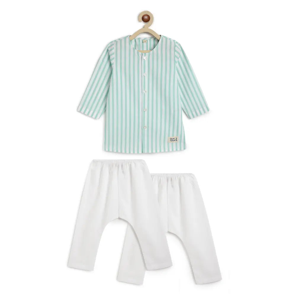 Tiber Taber 100% Cotton Full Sleeves Striped Kurta Pyjama Set - Green