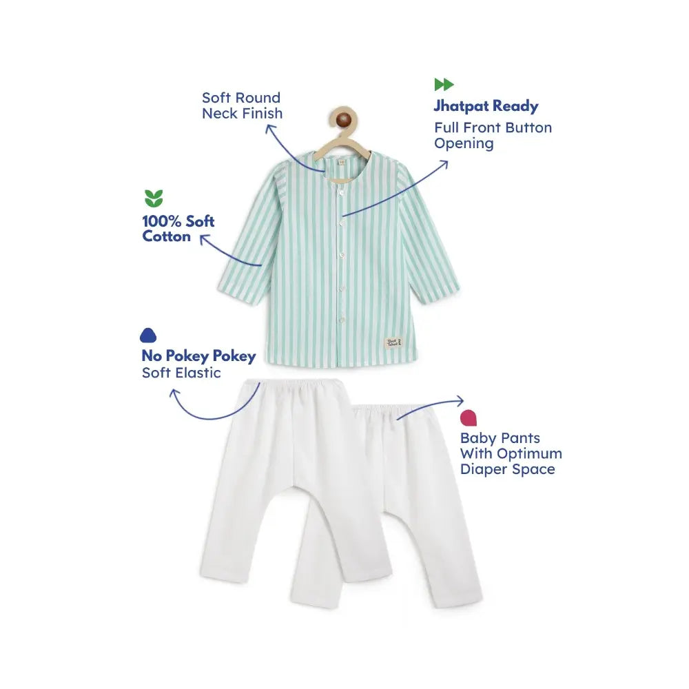 Tiber Taber 100% Cotton Full Sleeves Striped Kurta Pyjama Set - Green