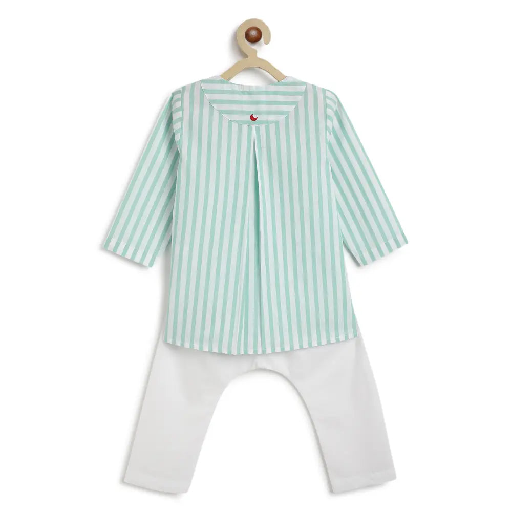 Tiber Taber 100% Cotton Full Sleeves Striped Kurta Pyjama Set - Green