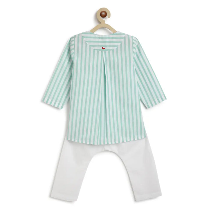 Tiber Taber 100% Cotton Full Sleeves Striped Kurta Pyjama Set - Green