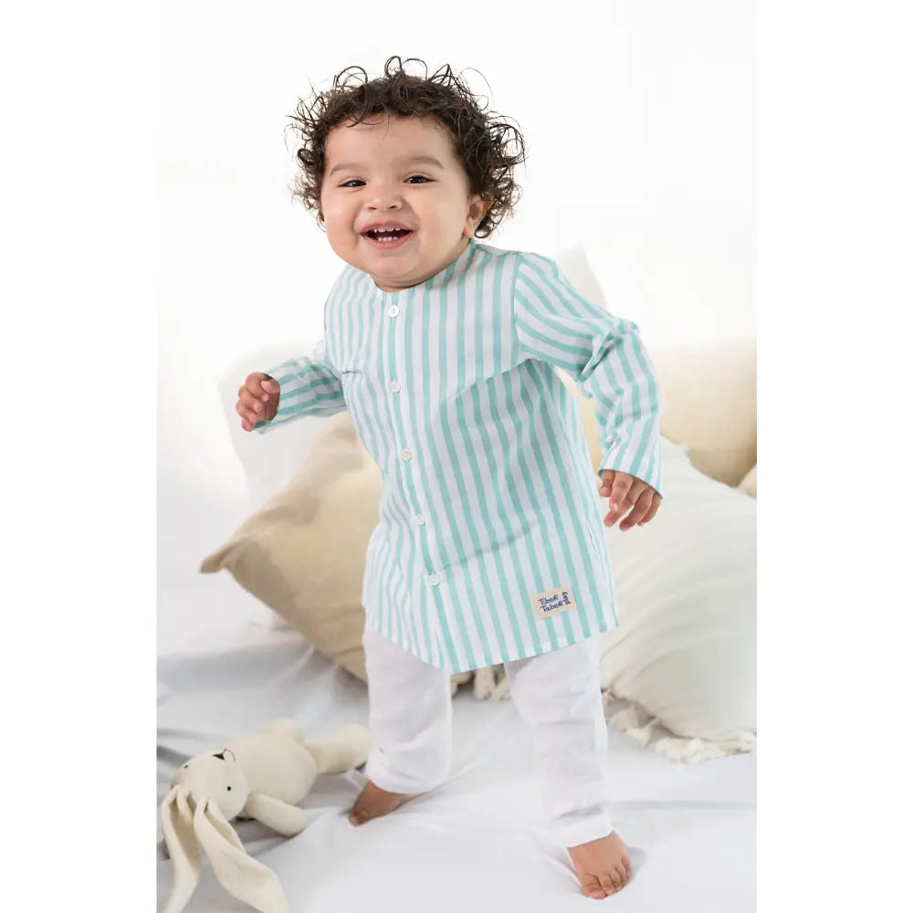 Tiber Taber 100% Cotton Full Sleeves Striped Kurta Pyjama Set - Green