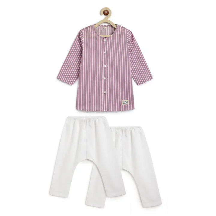 Tiber Taber 100% Cotton Full Sleeves Striped Kurta Pyjama Set - Purple
