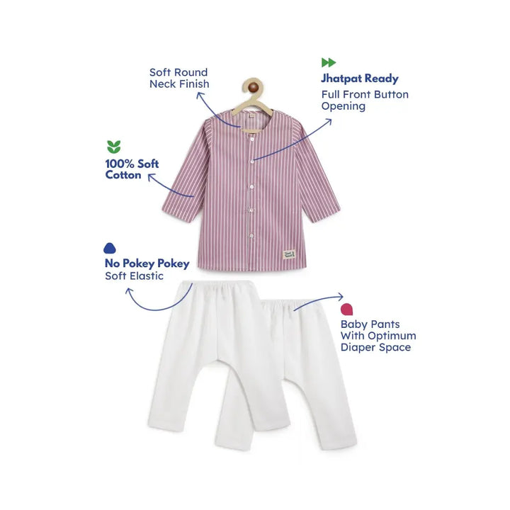 Tiber Taber 100% Cotton Full Sleeves Striped Kurta Pyjama Set - Purple