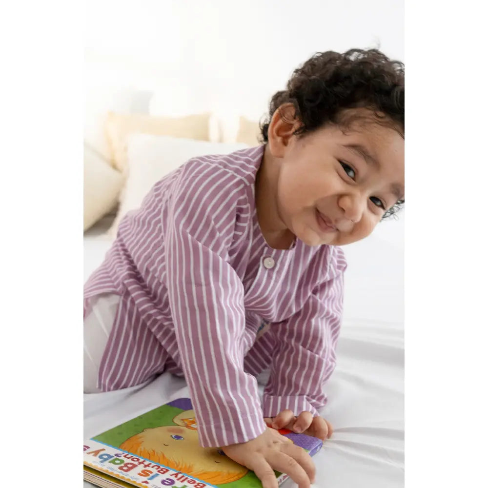 Tiber Taber 100% Cotton Full Sleeves Striped Kurta Pyjama Set - Purple