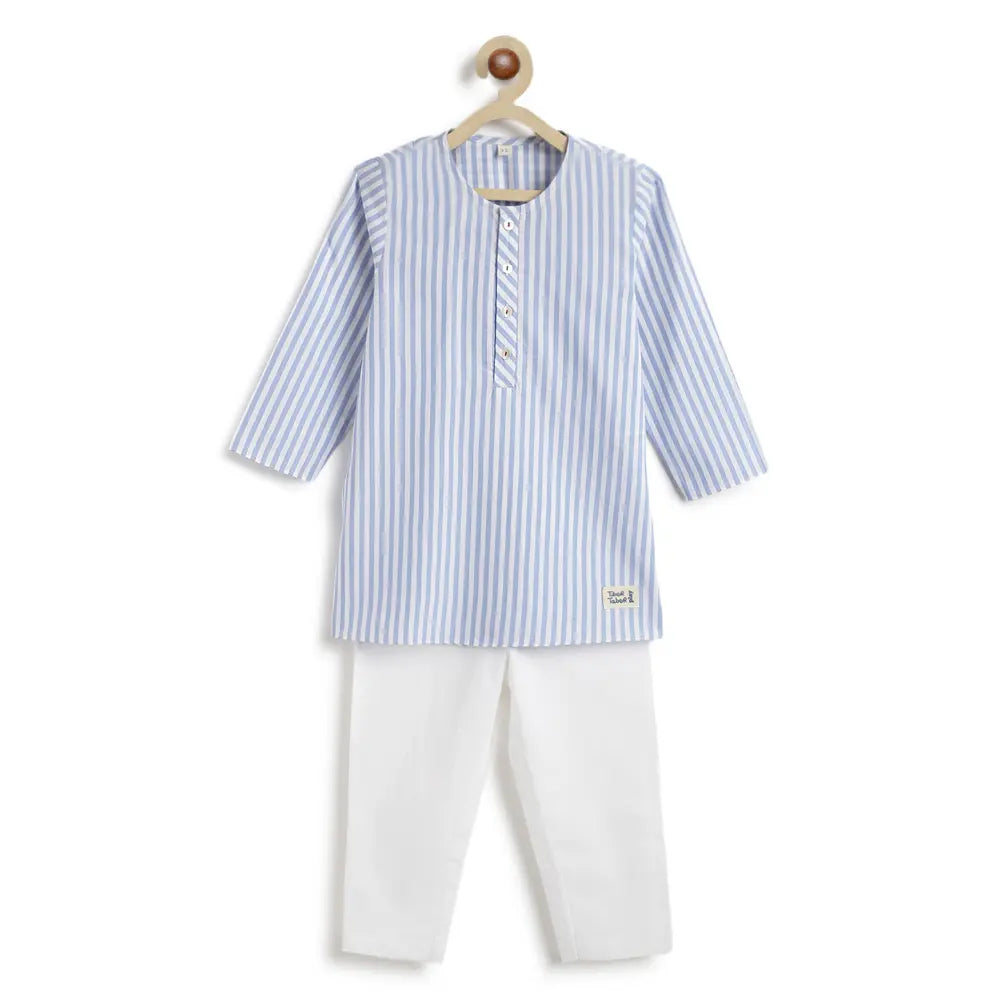 Tiber Taber 100% Cotton Woven Full Sleeves Striped Kurta Pyjama Set - Blue