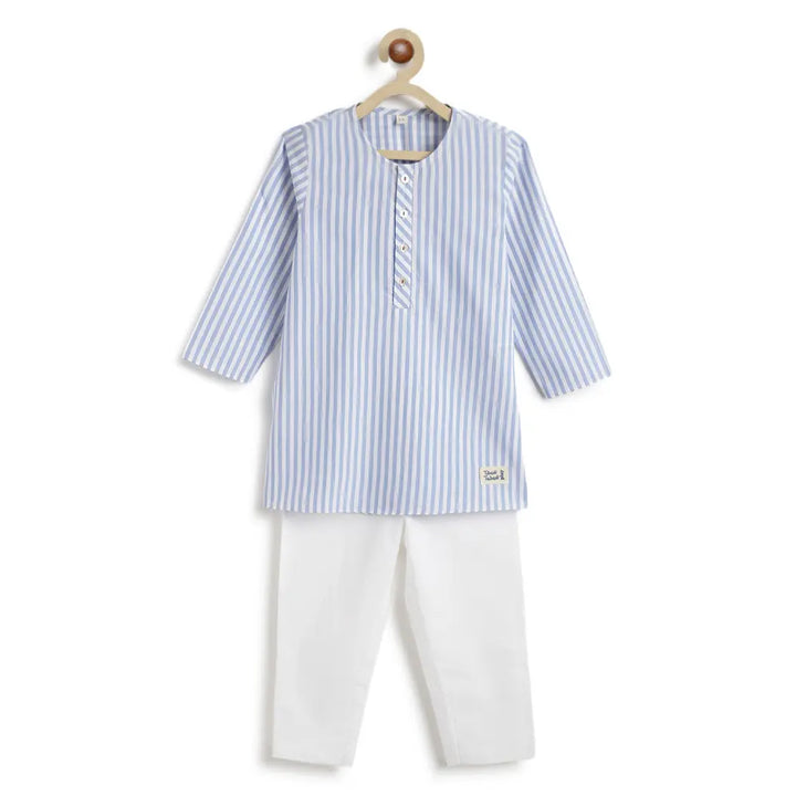 Tiber Taber 100% Cotton Woven Full Sleeves Striped Kurta Pyjama Set - Blue