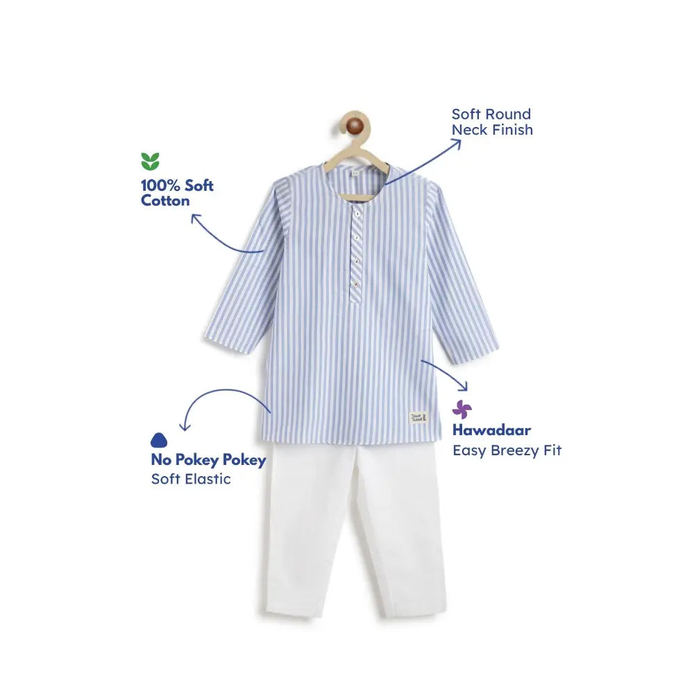 Tiber Taber 100% Cotton Woven Full Sleeves Striped Kurta Pyjama Set - Blue