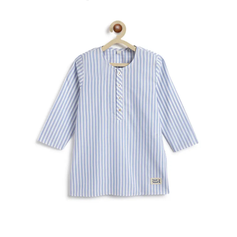 Tiber Taber 100% Cotton Woven Full Sleeves Striped Kurta Pyjama Set - Blue