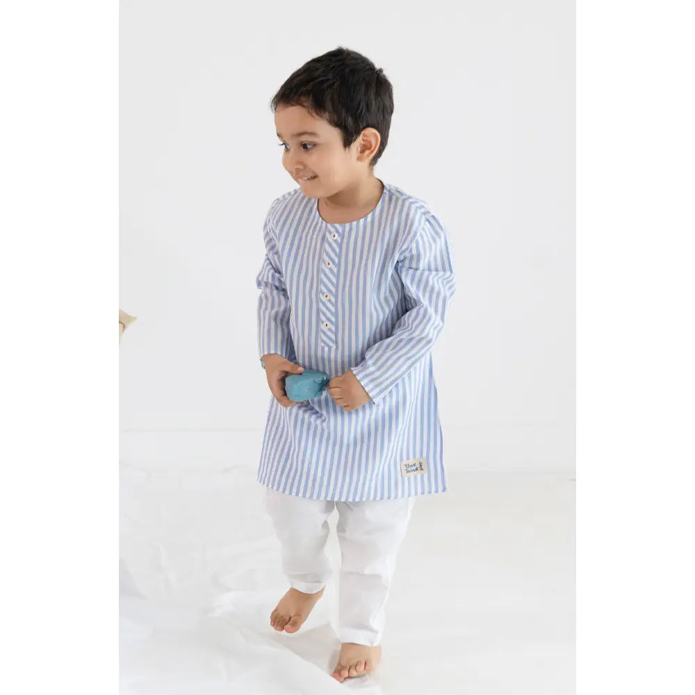 Tiber Taber 100% Cotton Woven Full Sleeves Striped Kurta Pyjama Set - Blue