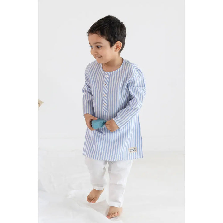 Tiber Taber 100% Cotton Woven Full Sleeves Striped Kurta Pyjama Set - Blue