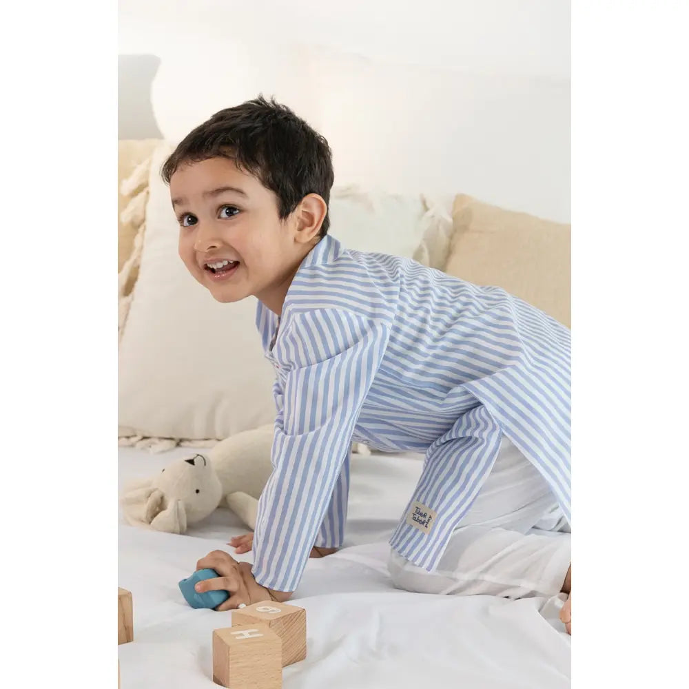 Tiber Taber 100% Cotton Woven Full Sleeves Striped Kurta Pyjama Set - Blue