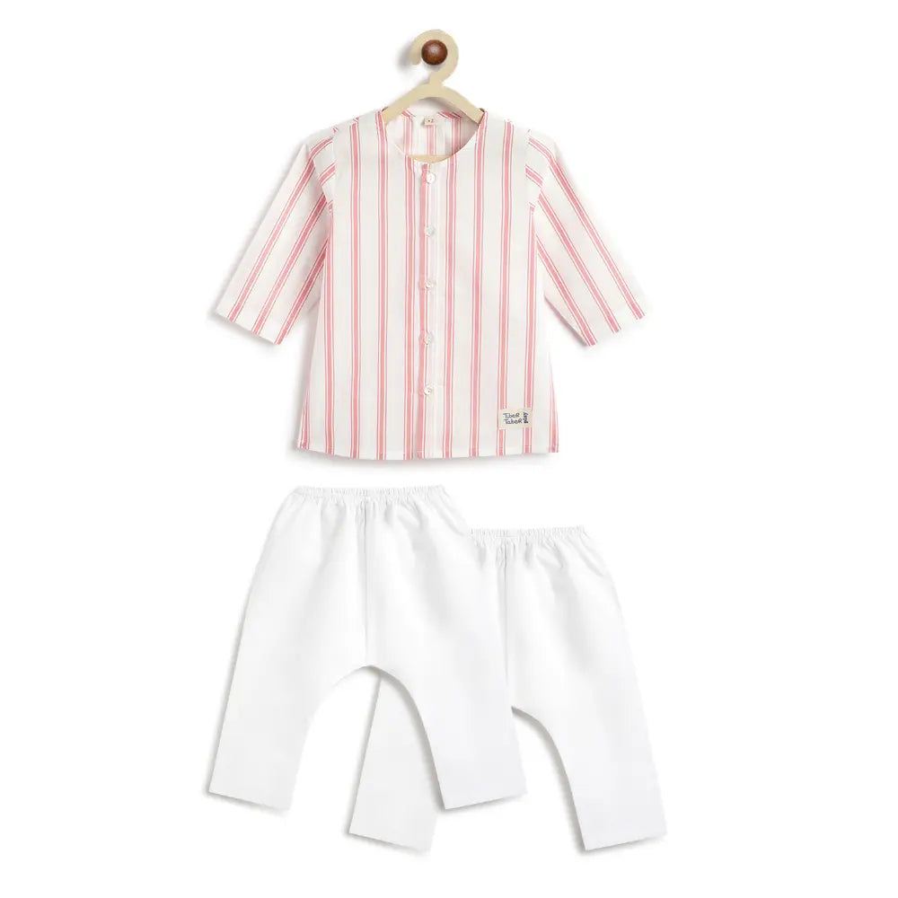 Tiber Taber 100% Cotton Full Sleeves Striped Kurta Pyjama Set - Peach