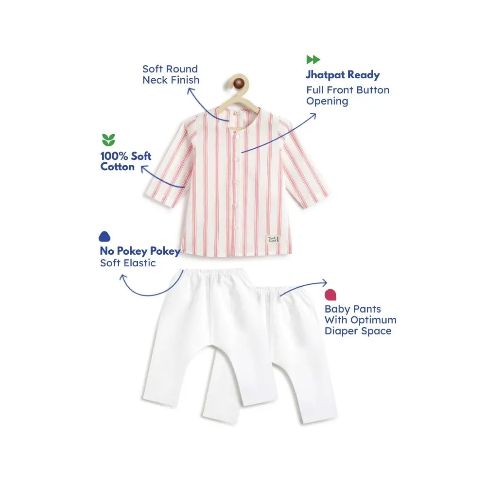 Tiber Taber 100% Cotton Full Sleeves Striped Kurta Pyjama Set - Peach