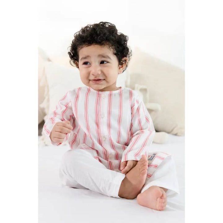 Tiber Taber 100% Cotton Full Sleeves Striped Kurta Pyjama Set - Peach
