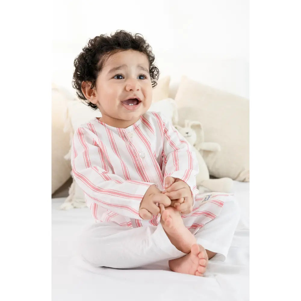 Tiber Taber 100% Cotton Full Sleeves Striped Kurta Pyjama Set - Peach