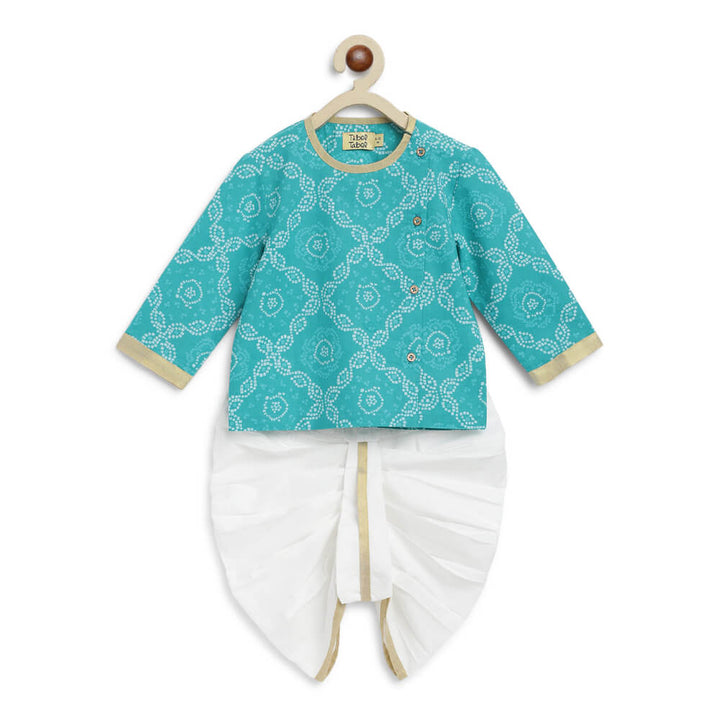 Tiber Taber Baby Boy Bandhani Print Cotton Dhoti Kurta - Blue