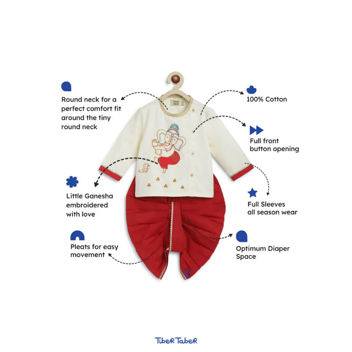 Tiber Taber Baby Boy Ganesha Embroidered Cotton Dhoti Kurta Set - Cream