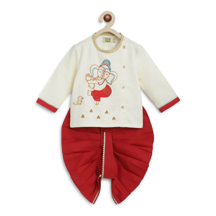 Tiber Taber Baby Boy Ganesha Embroidered Cotton Dhoti Kurta Set - Cream