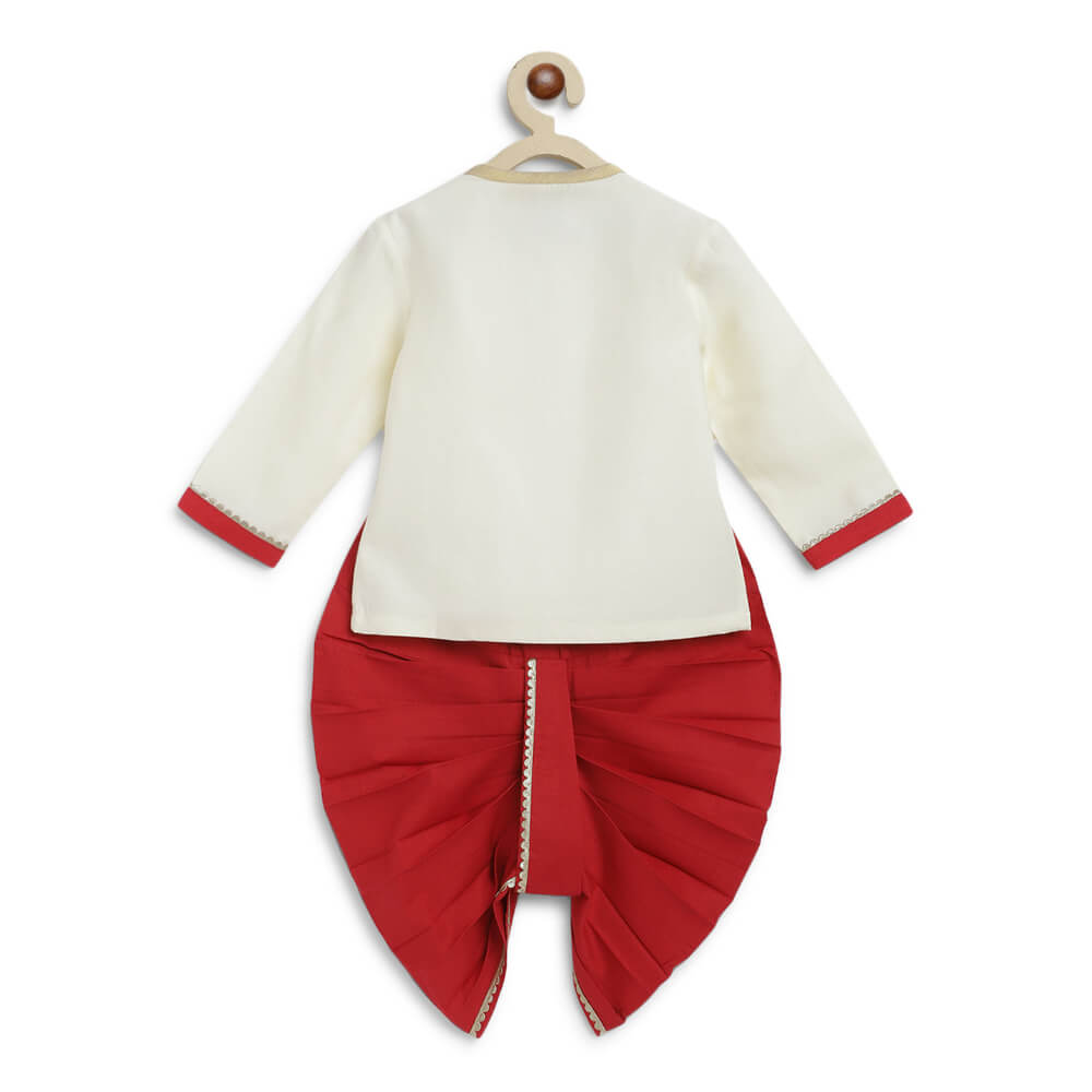 Tiber Taber Baby Boy Ganesha Embroidered Cotton Dhoti Kurta Set - Cream