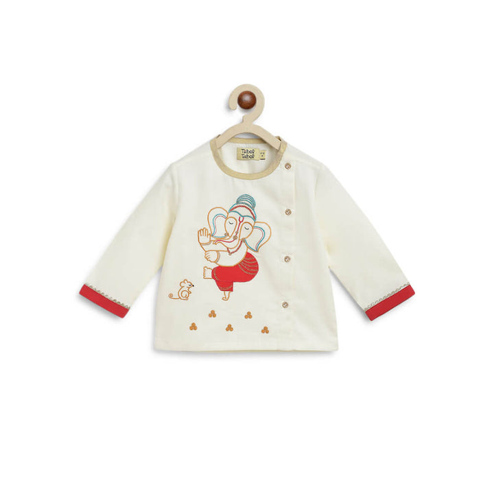 Tiber Taber Baby Boy Ganesha Embroidered Cotton Dhoti Kurta Set - Cream