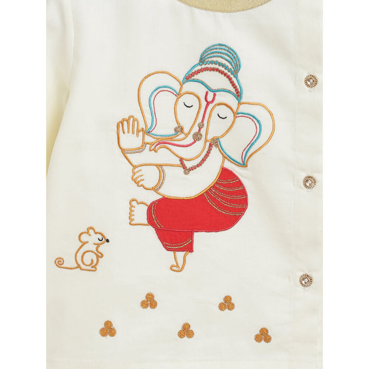 Tiber Taber Baby Boy Ganesha Embroidered Cotton Dhoti Kurta Set - Cream