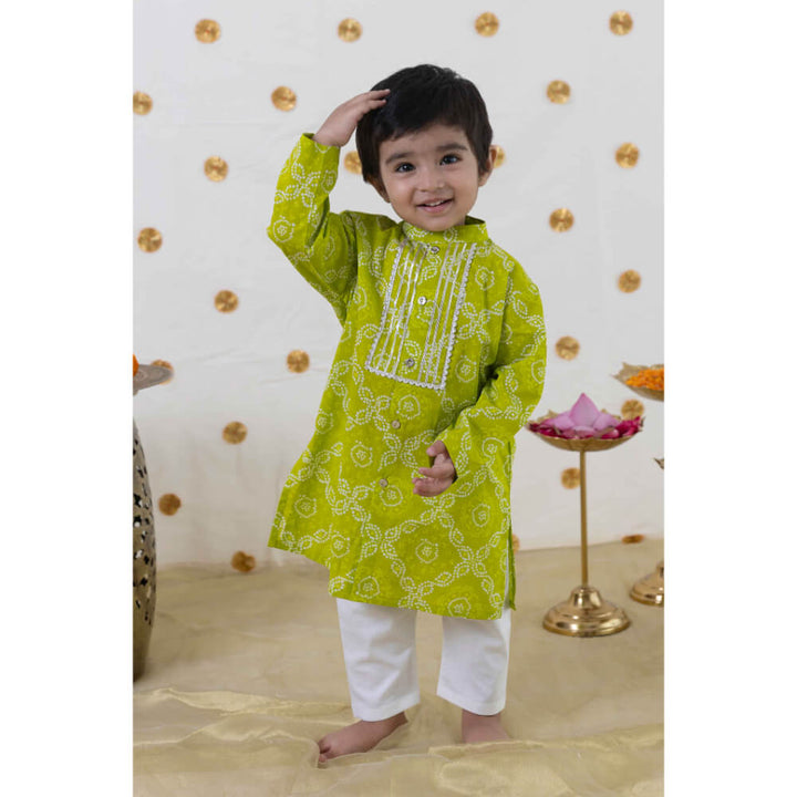Tiber Taber Baby Boy Bandhani Print Cotton Kurta Set - Green