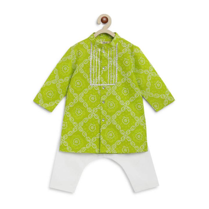 Tiber Taber Baby Boy Bandhani Print Cotton Kurta Set - Green