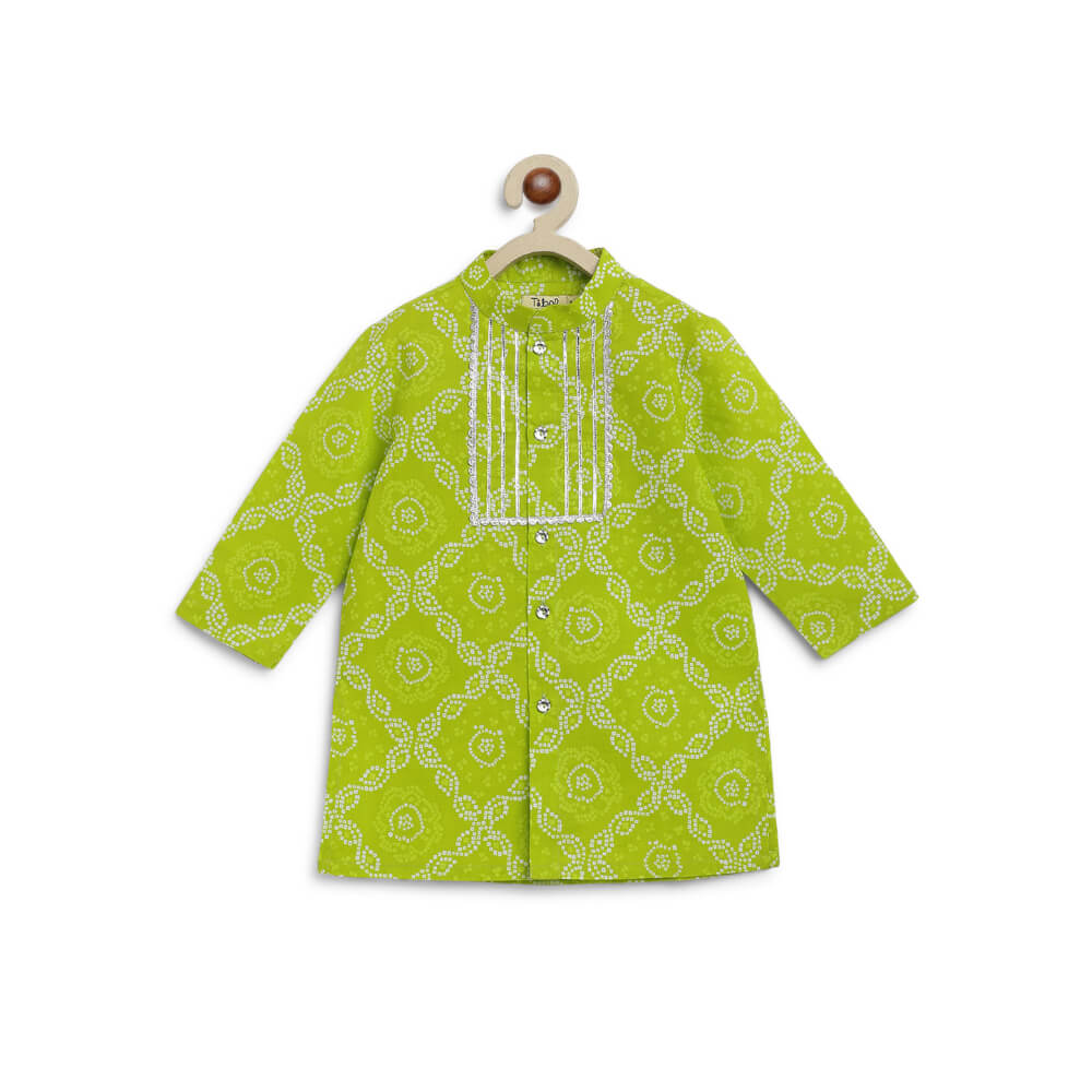 Tiber Taber Baby Boy Bandhani Print Cotton Kurta Set - Green