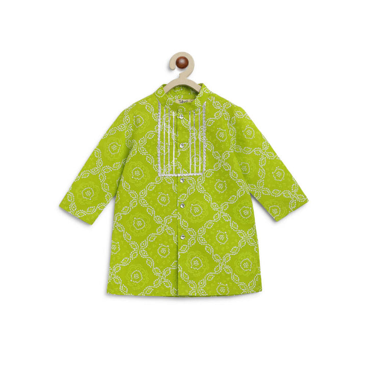 Tiber Taber Baby Boy Bandhani Print Cotton Kurta Set - Green