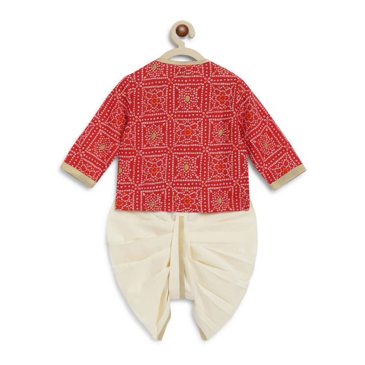 Tiber Taber Baby Boy Bandhani Print Cotton Dhoti Kurta Set - Red