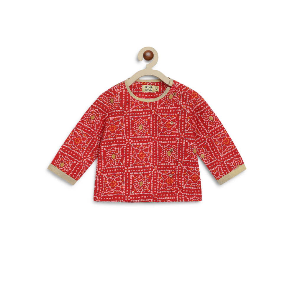 Tiber Taber Baby Boy Bandhani Print Cotton Dhoti Kurta Set - Red