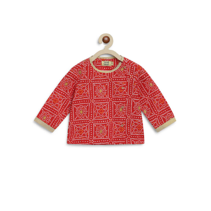 Tiber Taber Baby Boy Bandhani Print Cotton Dhoti Kurta Set - Red