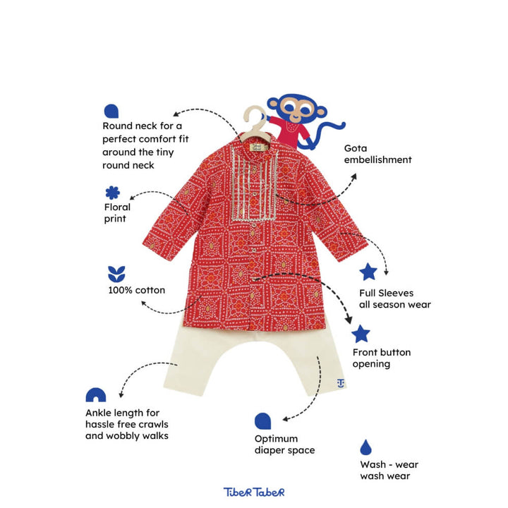 Tiber Taber Baby Boy Bandhani Print Cotton Kurta Set - Red
