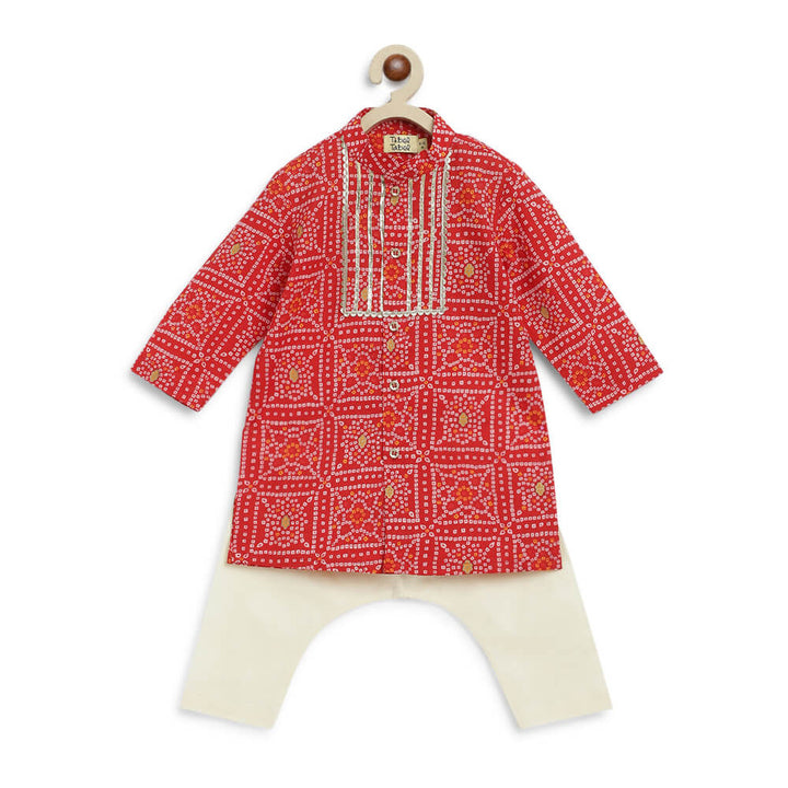 Tiber Taber Baby Boy Bandhani Print Cotton Kurta Set - Red