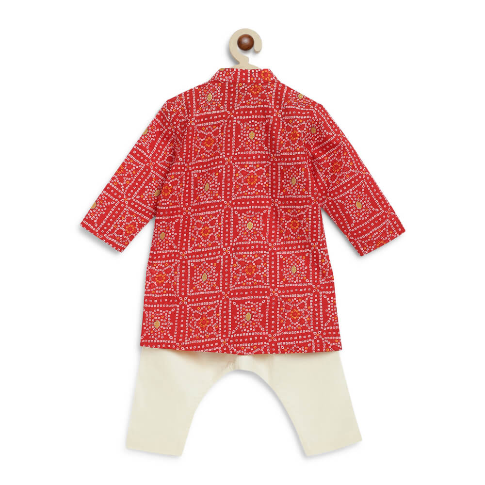 Tiber Taber Baby Boy Bandhani Print Cotton Kurta Set - Red