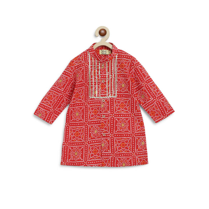Tiber Taber Baby Boy Bandhani Print Cotton Kurta Set - Red