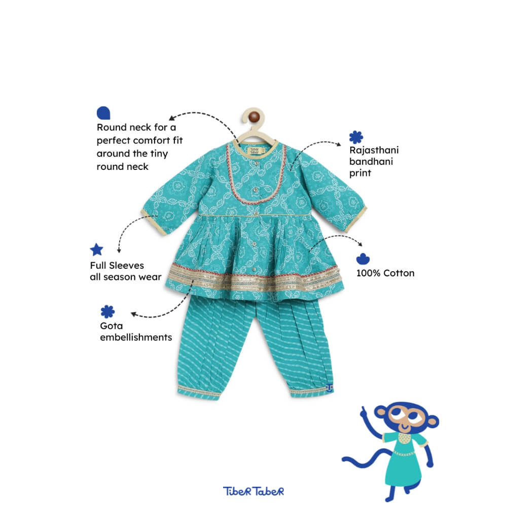 Tiber Taber Baby Girl Bandhani Print Cotton Angrakha Set - Blue