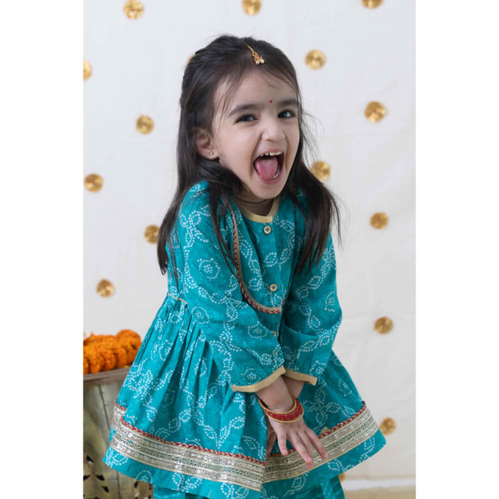 Tiber Taber Baby Girl Bandhani Print Cotton Angrakha Set - Blue
