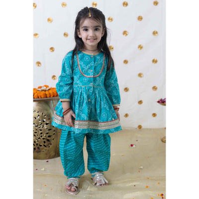 Tiber Taber Baby Girl Bandhani Print Cotton Angrakha Set - Blue