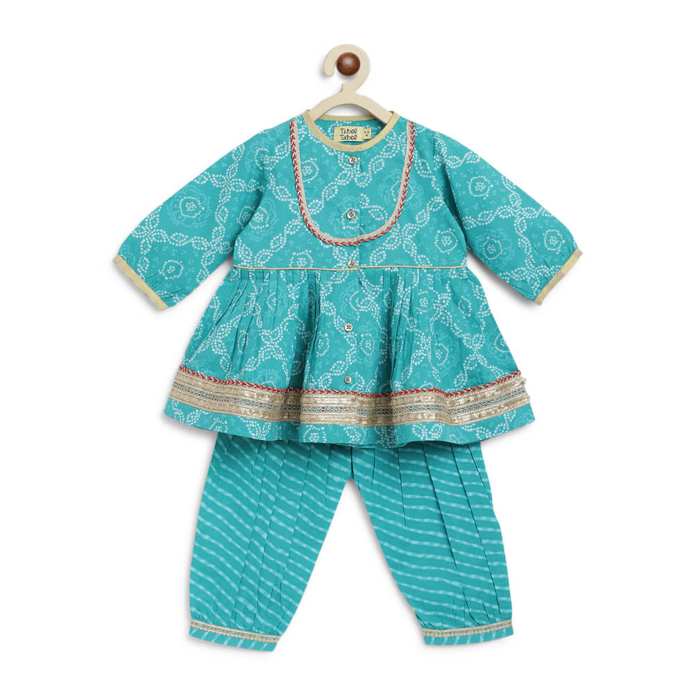 Tiber Taber Baby Girl Bandhani Print Cotton Angrakha Set - Blue