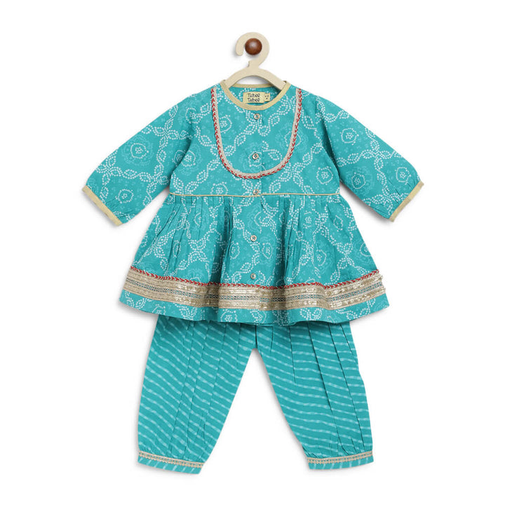 Tiber Taber Baby Girl Bandhani Print Cotton Angrakha Set - Blue