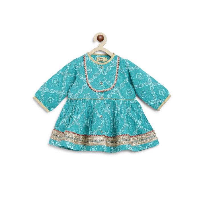 Tiber Taber Baby Girl Bandhani Print Cotton Angrakha Set - Blue