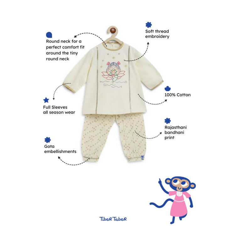 Tiber Taber Baby Girl Lakshmi Embroidered  Premium Cotton Suit Set - Cream
